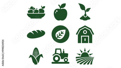 Agricultural icons representing farming and sustainable practices with various elements