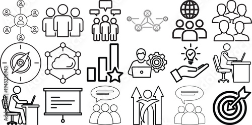 Collection of business and teamwork icons including people, targets, graphs, and office work, illustrating concepts of collaboration, strategy, and productivity in a professional setting.