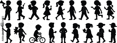 Children silhouettes daily activities set, boys and girls walking reading cycling playing, childhood lifestyle collection, black vector illustration isolated design
