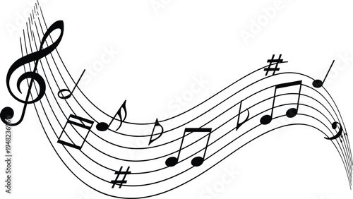 Hand Drawn Black Musical Notes on Curved Staff Lines Illustration
