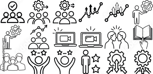 Collection of line icons illustrating business concepts, teamwork, communication, and technology for presentations and marketing materials.