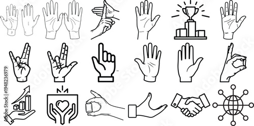Collection of various hand gestures and signs in black and white illustrations, conveying different emotions and actions.