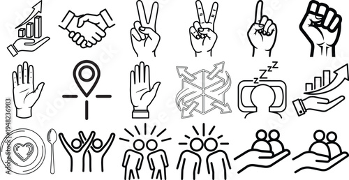 Collection of black and white hand gesture illustrations showcasing various signs and symbols on white background, representing communication and expression.