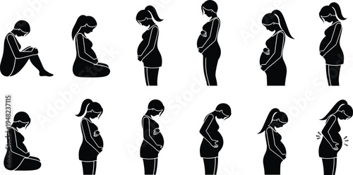 Vector silhouette set of pregnant women in various poses and stages of pregnancy, illustrating motherhood, prenatal care, and maternity health