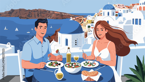 Couple enjoying a romantic dinner with a sea view in Greece, vector illustration