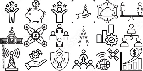 Collection of black and white icons representing global communication, technology, and business concepts on white background, ideal for infographics.