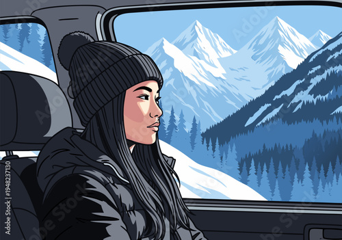 A thoughtful young woman in winter clothing looks out the car window at a snowy mountain landscape in this vector illustration