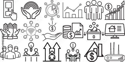 Collection of simple black and white icons representing business, finance, and technology concepts on a white background for infographics.