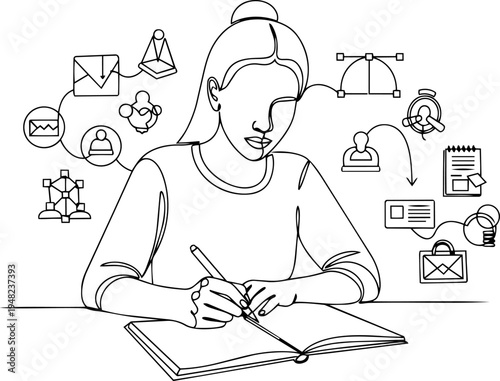 man writing on a notebook line art 