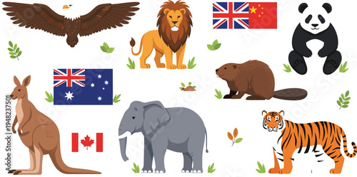 World animals cartoon set with national flags including lion panda eagle kangaroo elephant tiger beaver wildlife illustration collection