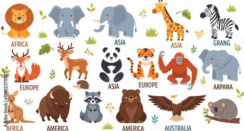 World continents animals cartoon set with Africa Asia Europe America Australia wildlife educational illustration collection