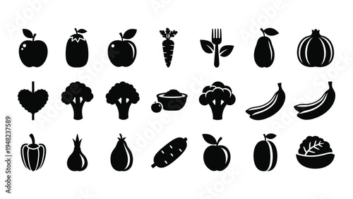 A comprehensive collection of fresh fruit and vegetable icons in black silhouette style for healthy eating and nutrition concepts