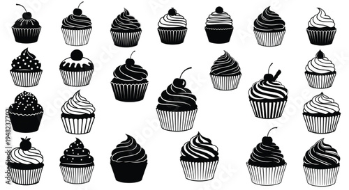 Cupcake Silhouette Icons Set Sweet Dessert Bakery Cupcake Black Vector Collection