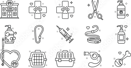 Veterinary and pet care line icon set with clinic syringe grooming scissors collar carrier and animal health illustration