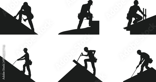 Construction worker silhouettes, rooftop labor vector, safety helmet clipart, building repair illustration, industrial workforce design, handyman icon artwork, structural job graphic