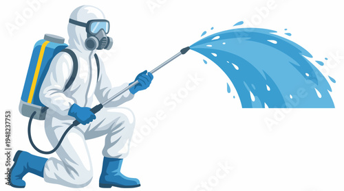 This illustration shows a dedicated worker in a protective suit, spraying water, representing diligence and care in maintaining cleanliness and safety in various environments.