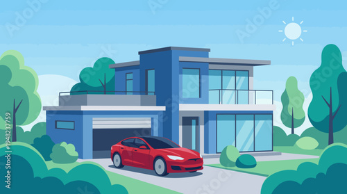 This vibrant illustration depicts a contemporary house with glass balconies, a red car parked in front, surrounded by lush greenery, representing modern living and lifestyle.