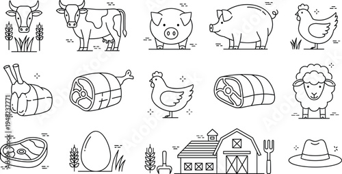 Farm animals and agriculture line icon set with cow pig chicken sheep barn meat egg and farming concept illustration