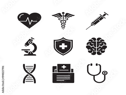 Advanced healthtech interface icons with medical technology silhouette designs