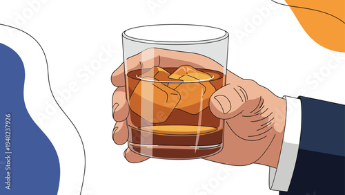 Close up view of a businessman in a suit holding a glass of amber whiskey or bourbon with large ice cubes for a successful celebration.