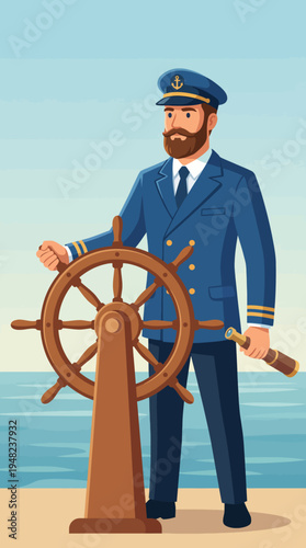 A confident captain stands at the helm of a ship near the ocean, ready for adventure. The background features a calm sea that blends seamlessly with the sky.