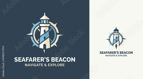 This logo showcases a lighthouse with a nautical compass design, embodying the spirit of exploration and guidance for sailors and travelers seeking new paths.
