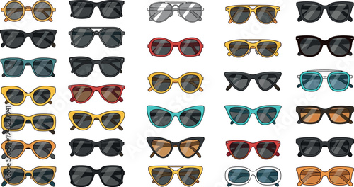 Trendy sunglasses collection vector set stylish eyewear fashion glasses summer accessory icons isolated illustration