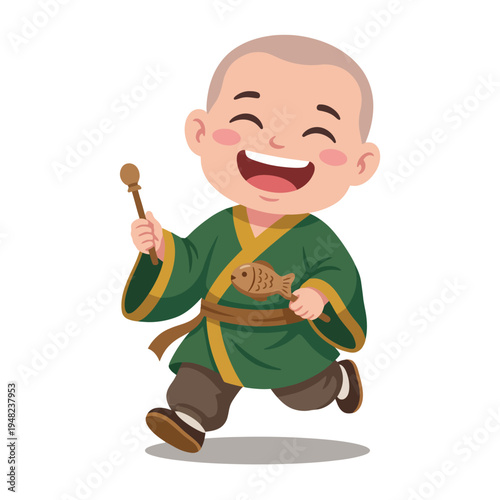 A joyful child monk in traditional attire, carrying a fish and a stick while running, embodies youthful spirit and innocence in a vibrant cartoon style.
