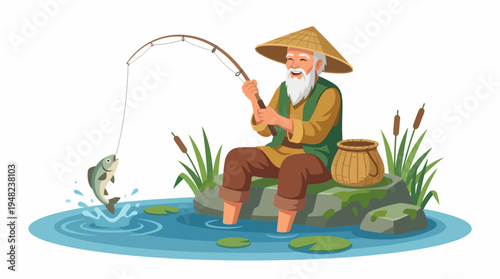 A joyful fisherman sits on a rock, catching fish with his rod while surrounded by a peaceful river, illustrating tranquility and connection with nature.