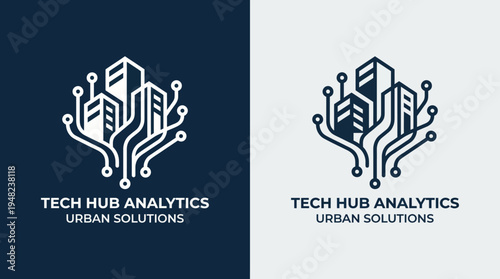 A cutting-edge logo representing urban solutions with tech elements and buildings, symbolizing innovation and analytics in modern city infrastructure and development.