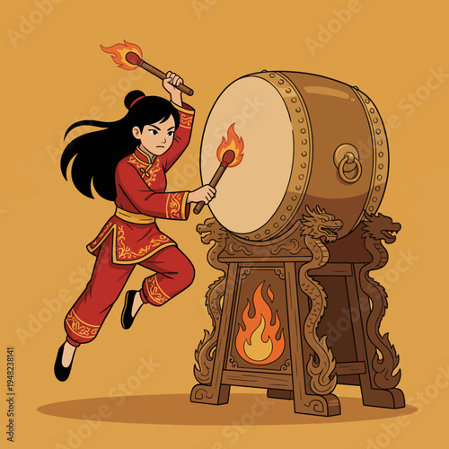 A young girl in a vibrant red traditional costume energetically plays a drum, showcasing cultural expression and the joy of rhythmic music in a lively setting.