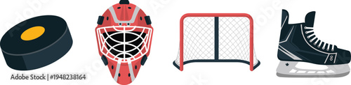 Detailed vector illustration of essential ice hockey equipment including puck, goalie mask, goal net, and skate for sports design projects