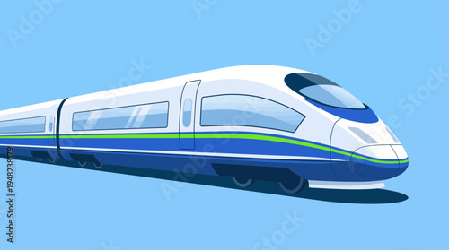This illustration captures a sleek, aerodynamic high-speed train gliding effortlessly against a vibrant blue sky, embodying speed, technology, and modern transportation.