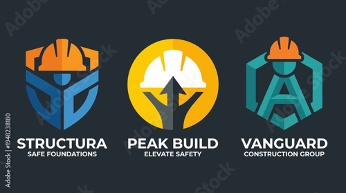 These logos represent three distinct construction firms, emphasizing safety, strength, and reliability, showcasing branding tailored for the construction industry.