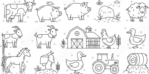 Farm animals and agriculture line icon set with cow pig goat sheep horse duck chicken tractor barn farming illustration