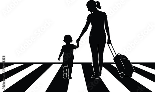 Father and child walking with luggage at airport terminal