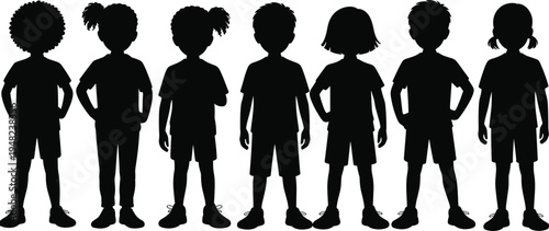 Diverse children silhouettes standing together, boys and girls front view lineup, childhood diversity concept, black vector illustration isolated