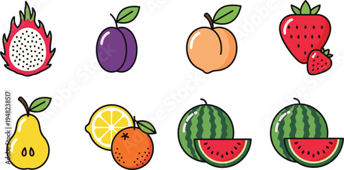 Collection of colorful fruit icons including dragon fruit strawberry watermelon and orange