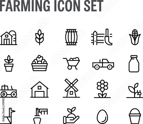 Farming icon set, agriculture line symbols, farm tools and crops icons, rural agriculture vector collection, organic farming outline pack