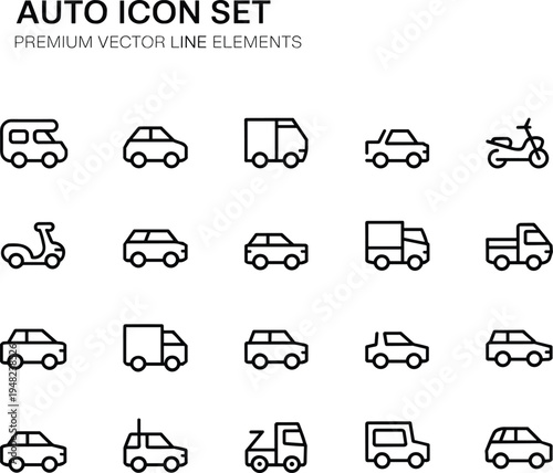 Auto icon set, vehicle line symbols, car truck scooter icons, transportation outline vector collection, automotive transport logo pack