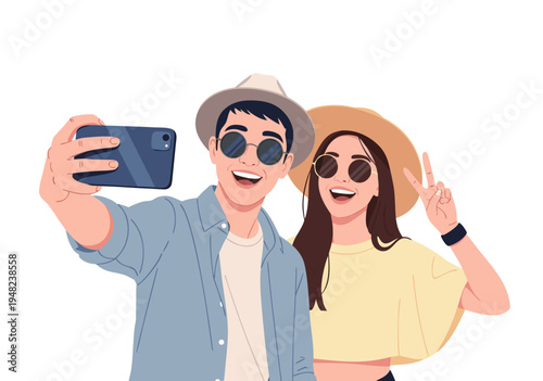 Happy Couple Taking a Selfie on Vacation - Vector Illustration with a Vibrant and Joyful Atmosphere