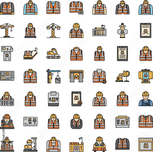 Set of construction industry icons with safety vests, hard hats, cranes, and heavy machinery representing various job roles and equipment.