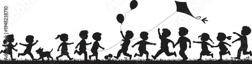 \Happy children running silhouette scene, kids playing together with kite and balloons, joyful outdoor childhood freedom, black vector illustration