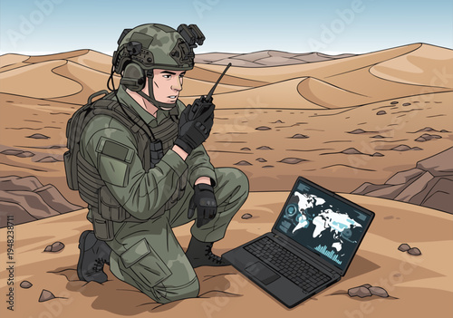 Desert Surveillance Mission Vector Illustration of Soldier with Laptop and Radio in Arid Landscape