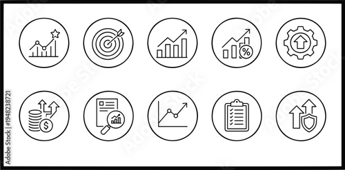 Business growth and financial data line icon set featuring professional success charts target arrows and corporate investment planning symbols.