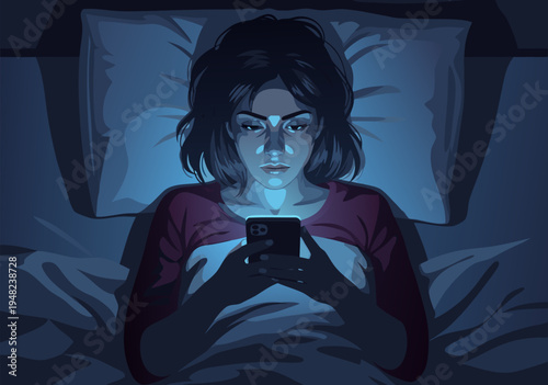 Young woman in bed at night engrossed in her smartphone screen, blue light illumination, vector illustration for digital addiction or late-night browsing