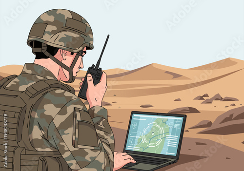 Military Soldier Using Laptop and Radio in Desert Landscape Vector Illustration