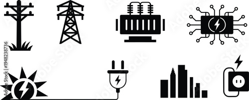 Electricity power vector icon set with utility pole, transmission tower, transformer, solar energy, plug, outlet, city skyline, microchip