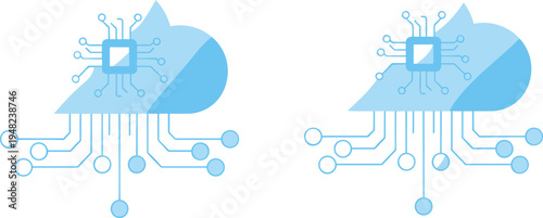 Cloud computing and artificial intelligence technology icon with CPU microchip and digital circuit connections for data storage network.