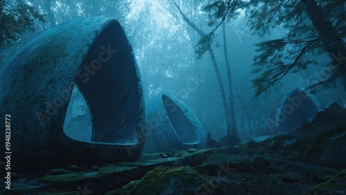 Eerie Stone Structures in Misty Forest